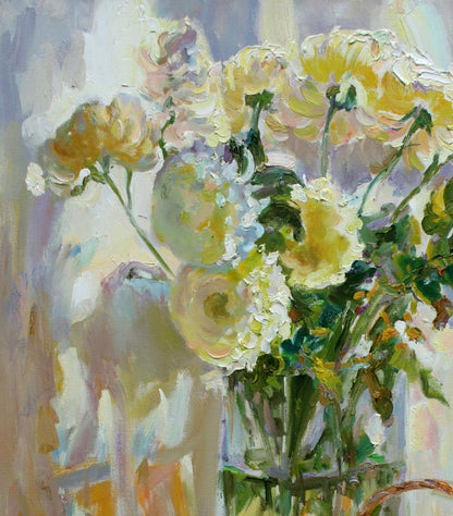 Oil painting Autumn sun by Leonid Pavlenko: yellow white flowers in vase
