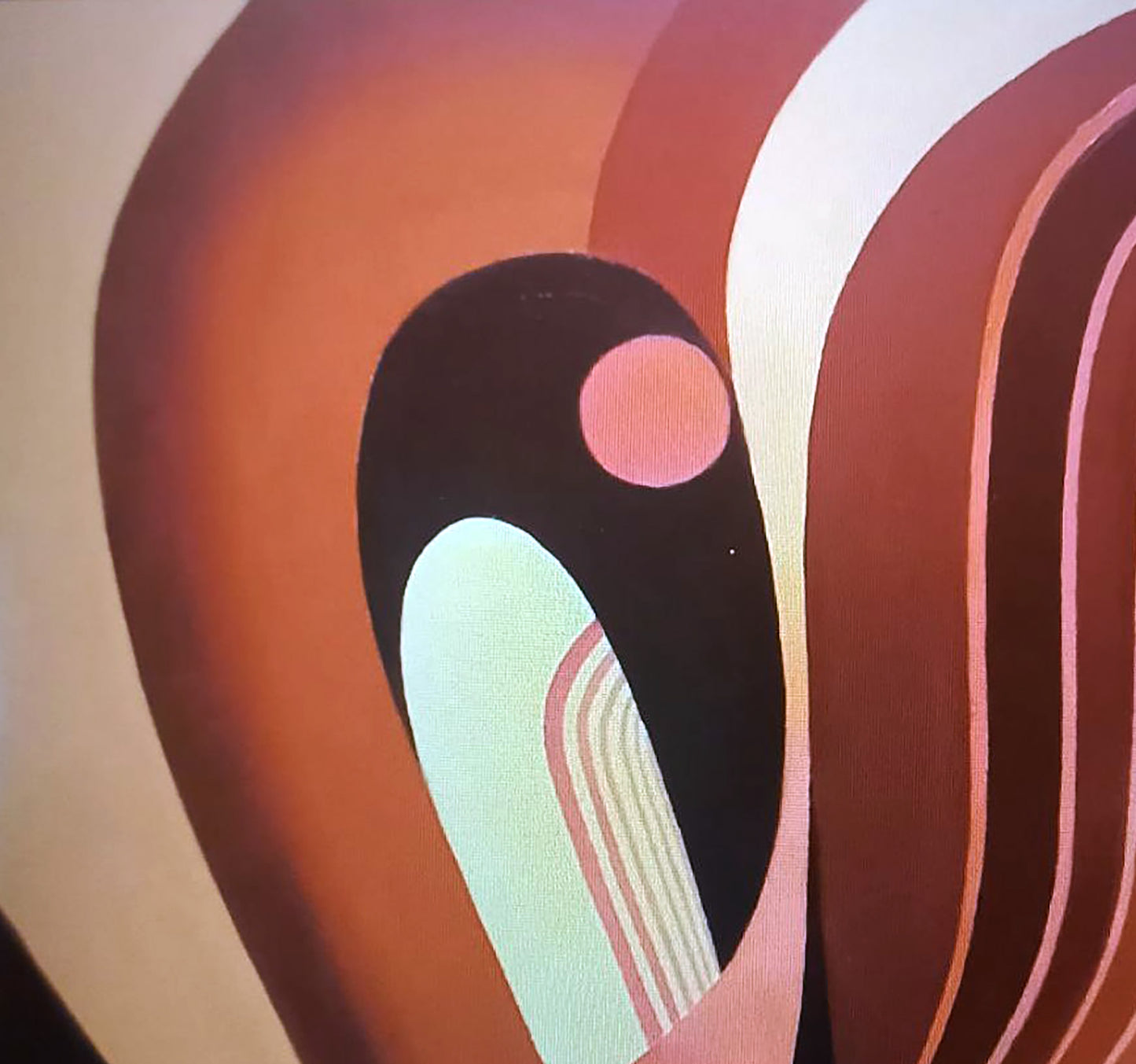 Oil painting Bird by Alexander Strashevich: terracotta stripes, black form, pink circles