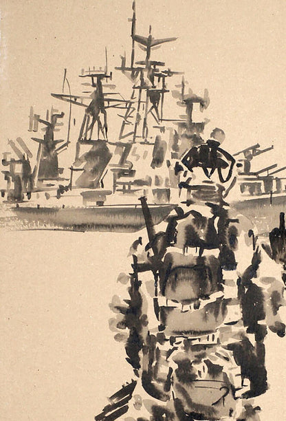 Black-and-white ink wash painting of naval ship by Dima Filatov