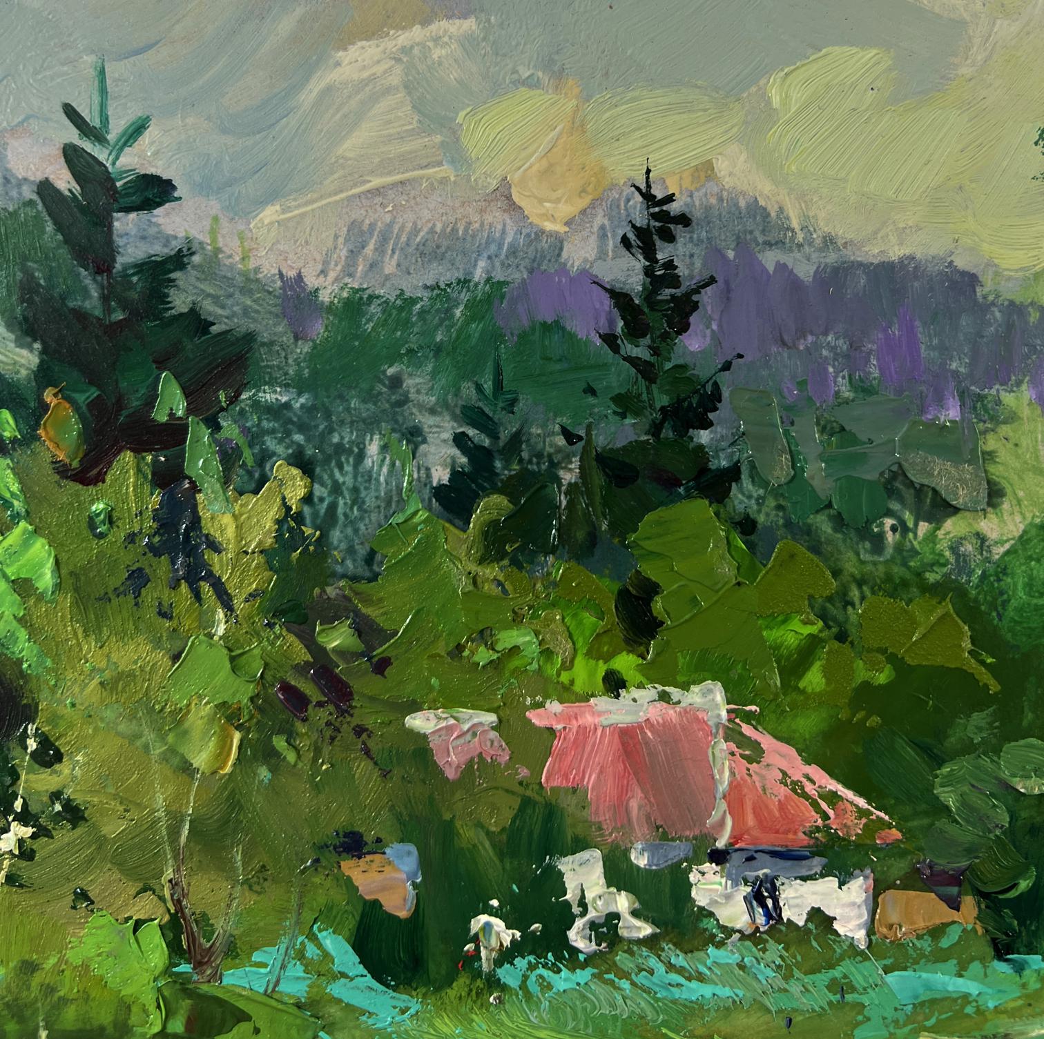 Vibrant oil painting of pink-roofed forest house by Yuriy Suprunchuk