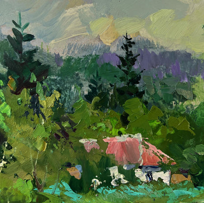 Vibrant oil painting of pink-roofed forest house by Yuriy Suprunchuk