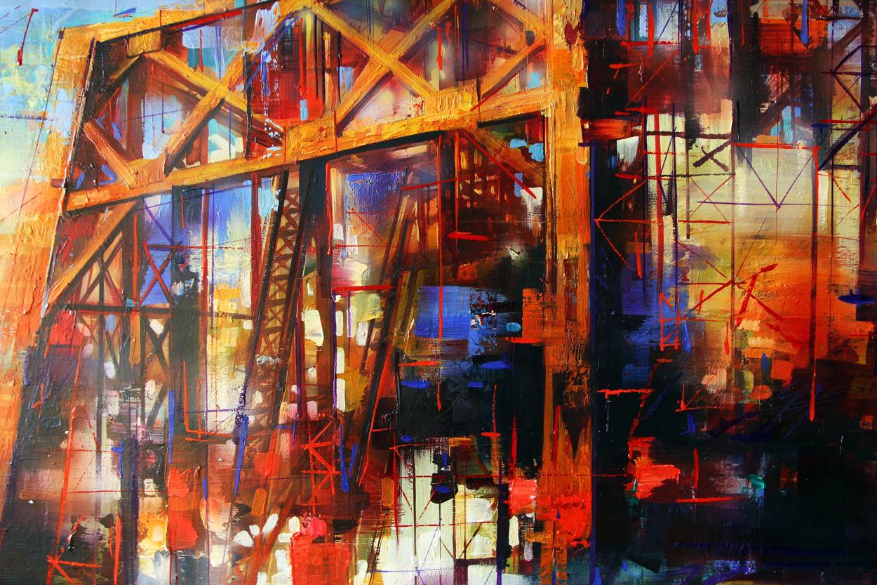 Oil painting of industrial steel bridge by Alexander Dobrodiy