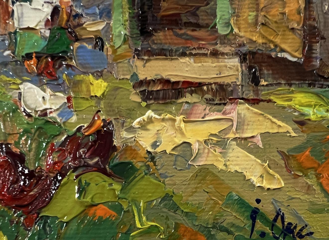 Vibrant impressionist oil painting of chickens in yard by Oksana Ivanyuk