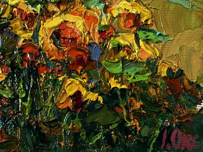 Vibrant impressionist oil painting of rural sunflowers by Oksana Ivanyuk