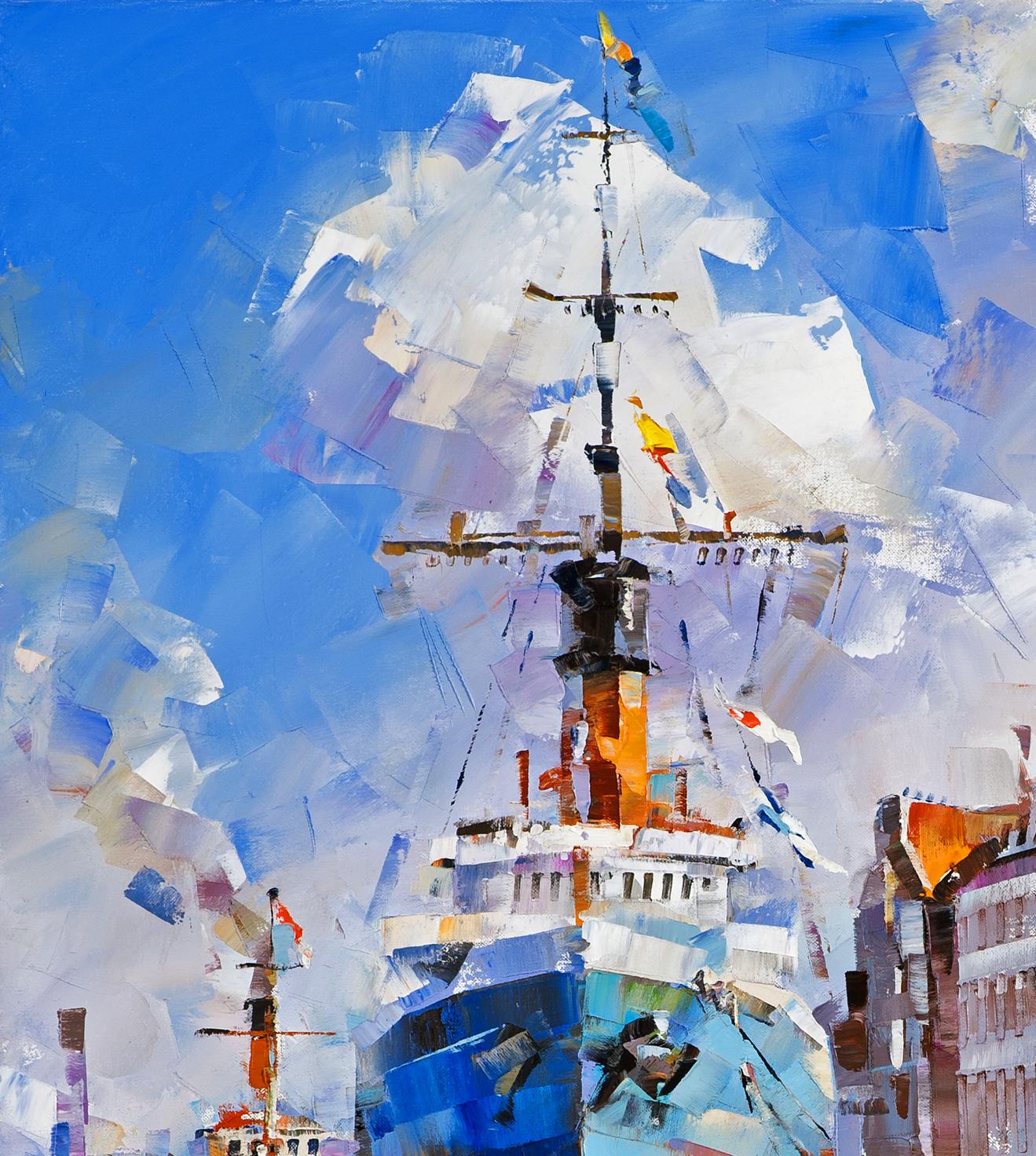 Oil painting Second bank Volodymyr Gluhomanyuk blue sailing ship