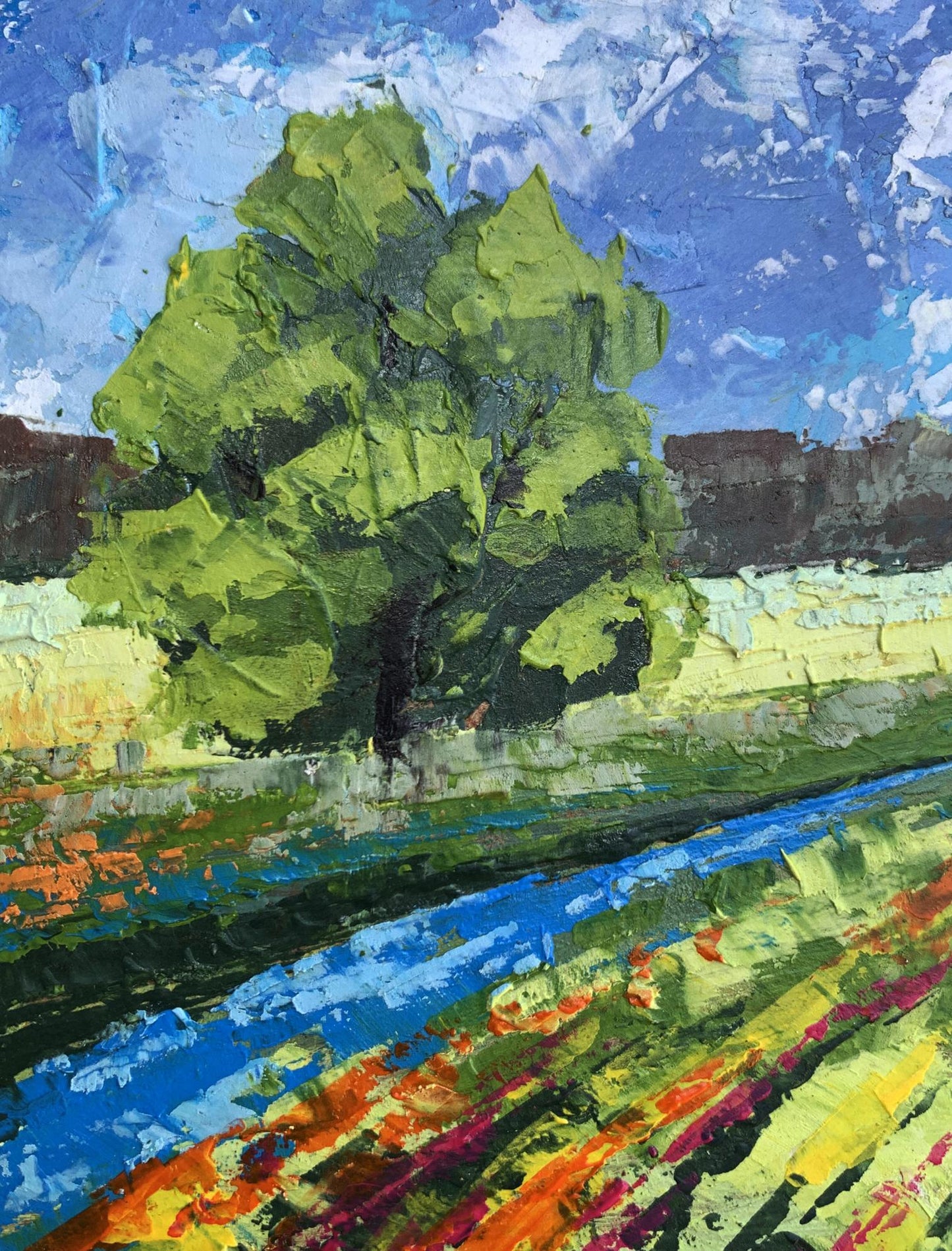 Vibrant impressionistic oil painting of green tree in fields under blue skies by V. Zadorozhnya