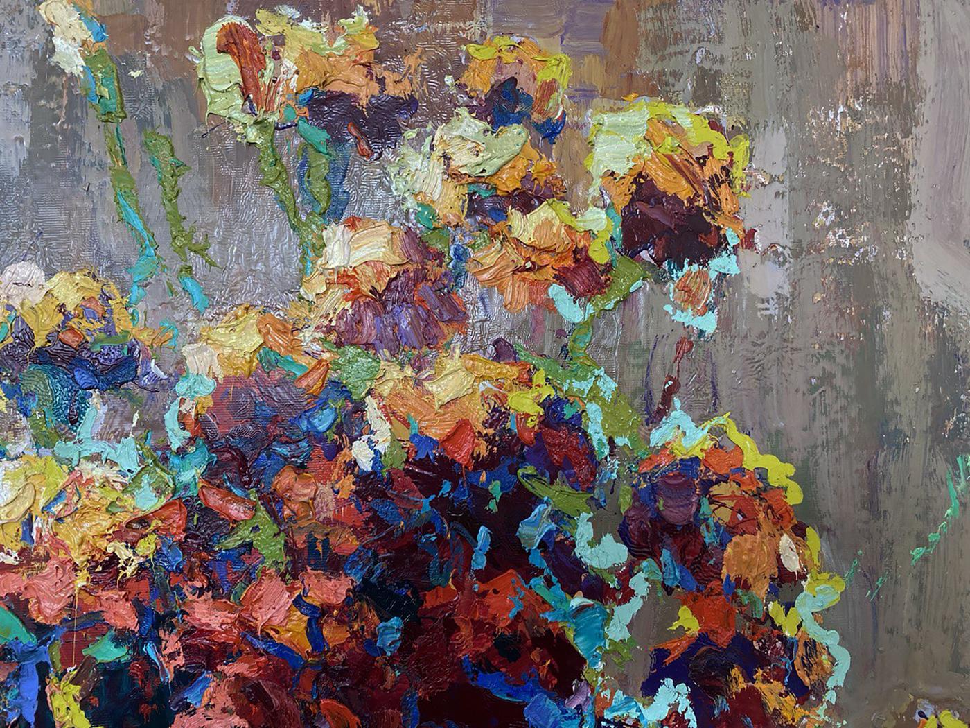 Vibrant oil painting The Warmth of Marigolds by Oksana Ivanyuk with impasto florals