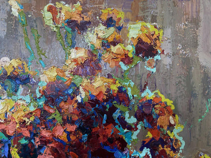 Vibrant oil painting The Warmth of Marigolds by Oksana Ivanyuk with impasto florals