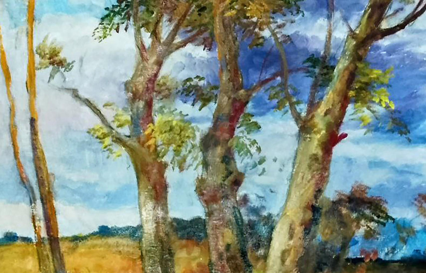 Textured impressionist oil painting of tall trees under dark clouds by Vitaly Duhnevich