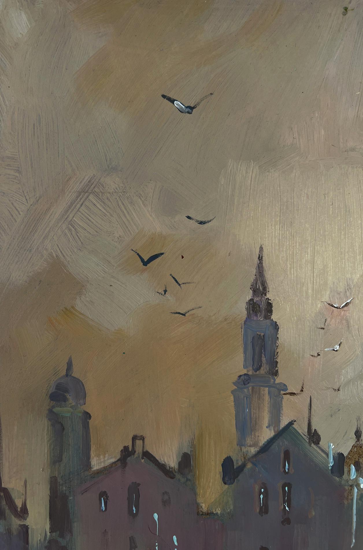 Oil painting by Yuriy Suprunchuk: church spire above rooftops, warm sky, birds