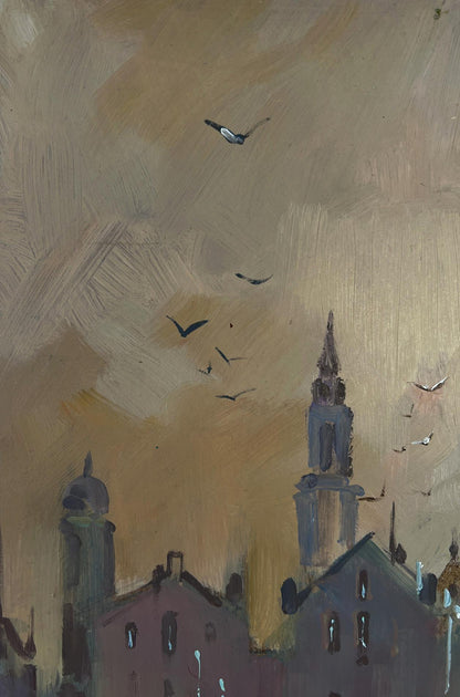Oil painting by Yuriy Suprunchuk: church spire above rooftops, warm sky, birds