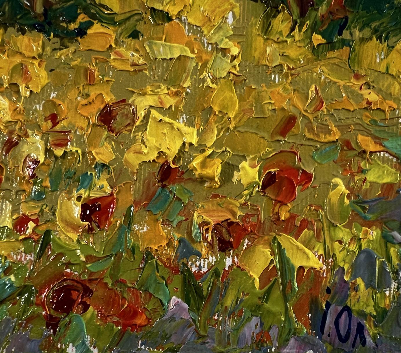 Vibrant oil painting Flowers of the Sun by Oleksiy Ivanyuk with yellow green strokes