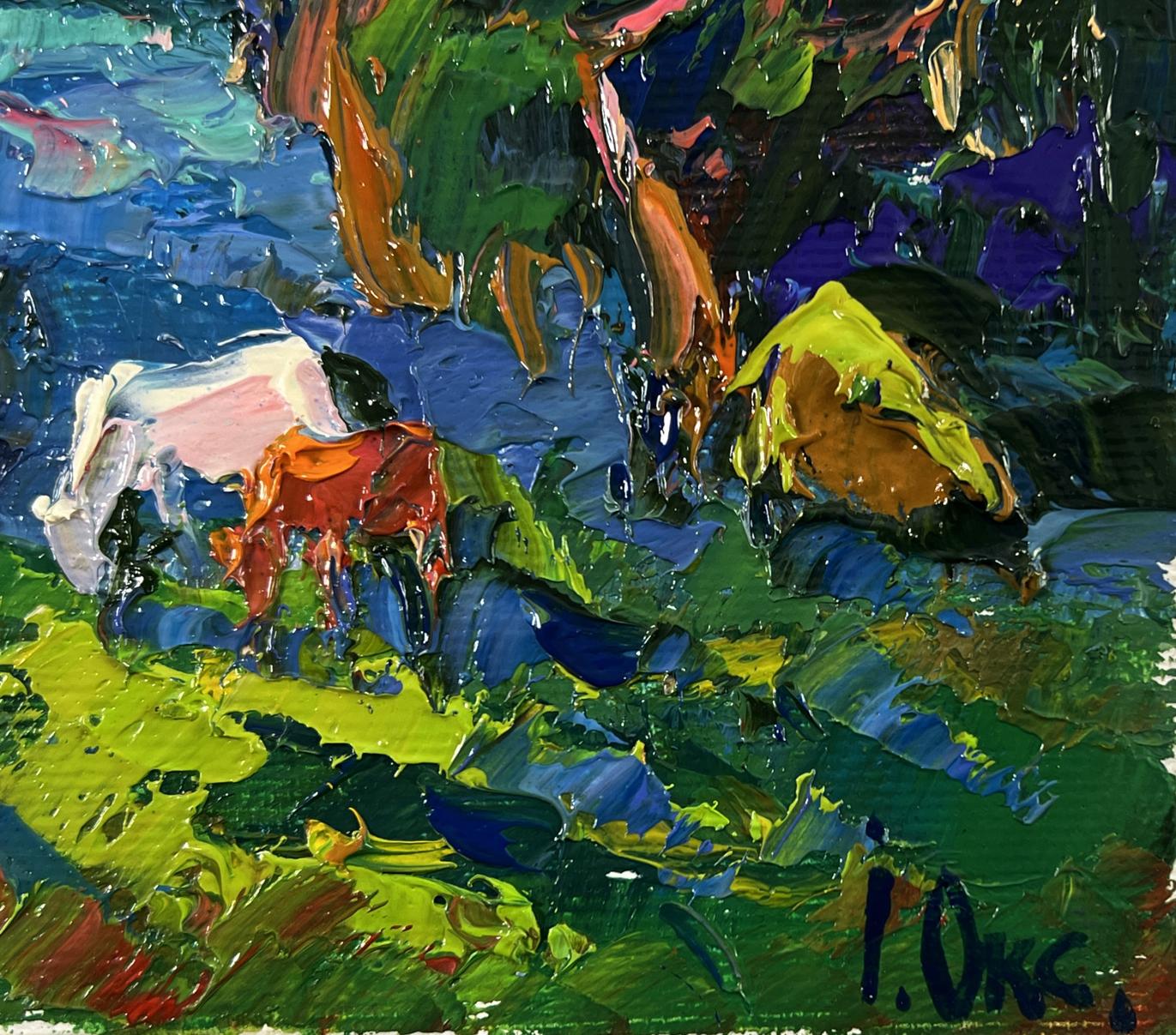 Vibrant impressionist oil painting of two grazing cows by Oksana Ivanyuk