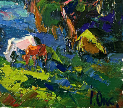 Vibrant impressionist oil painting of two grazing cows by Oksana Ivanyuk