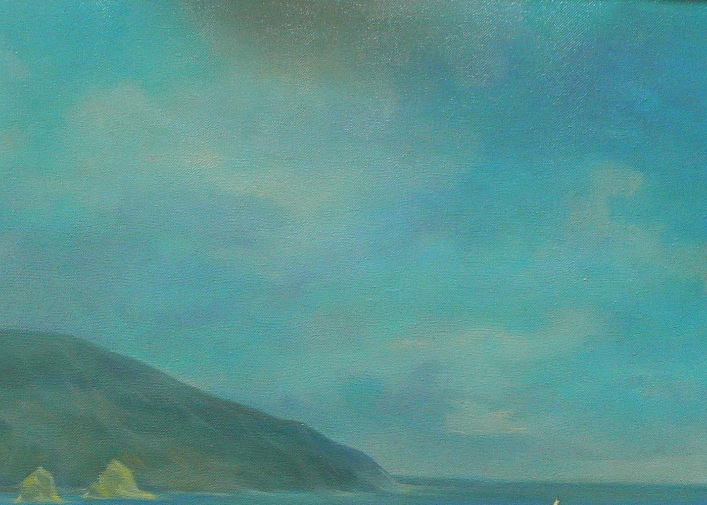Oil painting by Vasily Korkishko: children near serene coastal hillside and ocean