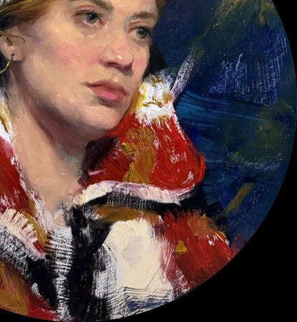 Vibrant oil painting portrait of Bea looking into distance by Annam Butt