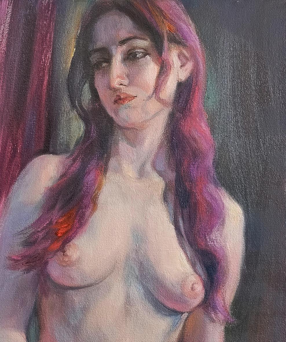 Soft pastel oil painting of female figure with flowing purple-red hair by Oksana Osnach