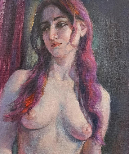 Soft pastel oil painting of female figure with flowing purple-red hair by Oksana Osnach