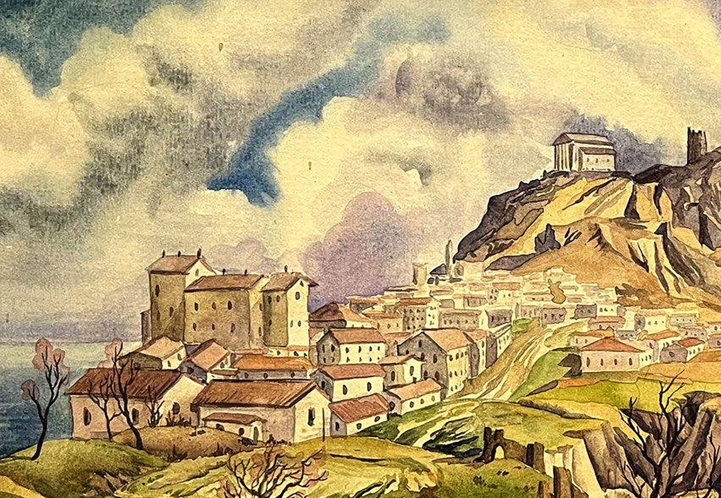 Watercolor painting of Dmytro Startsev city in mountains hillside town