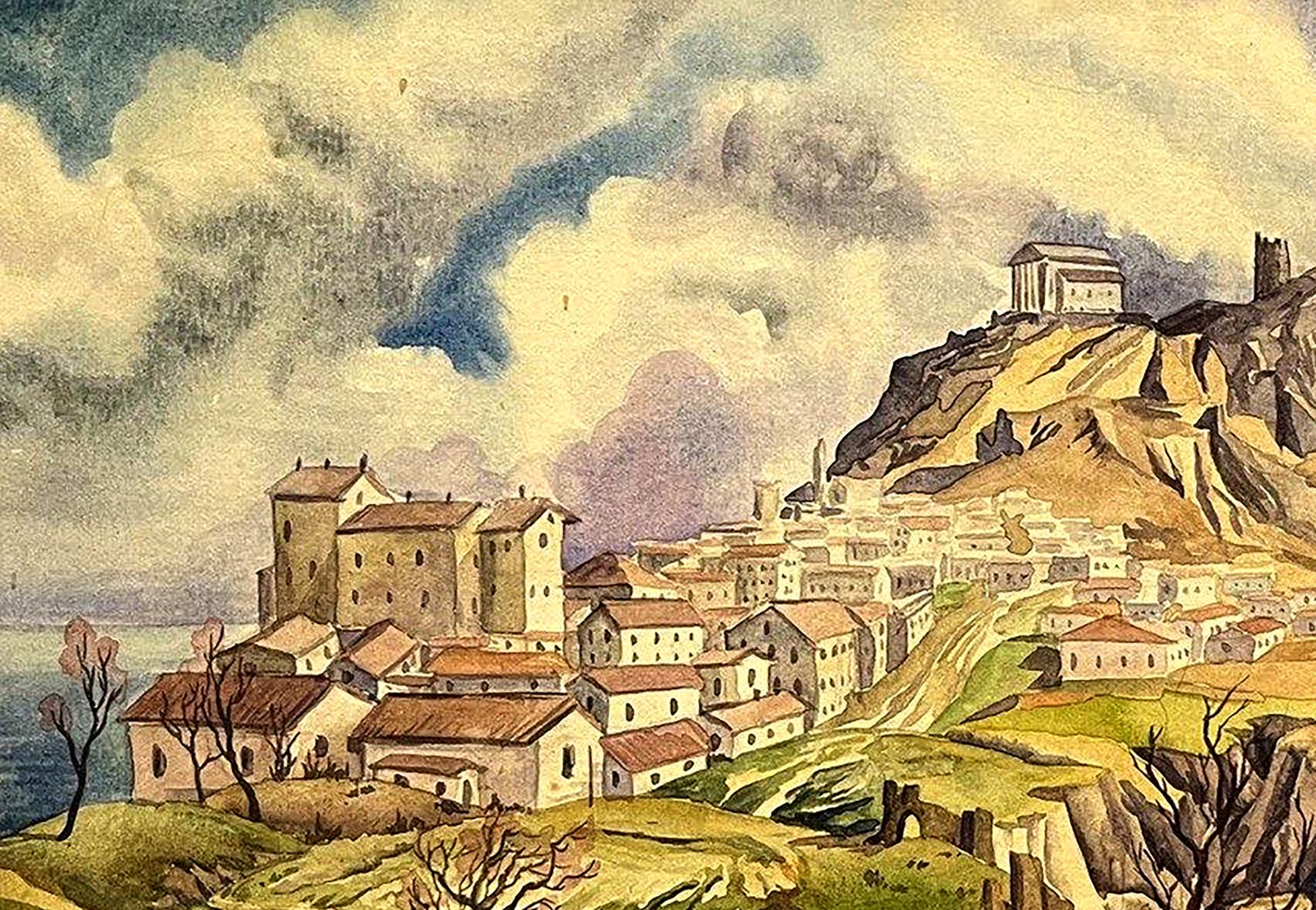 Watercolor painting of Dmytro Startsev city in mountains hillside town