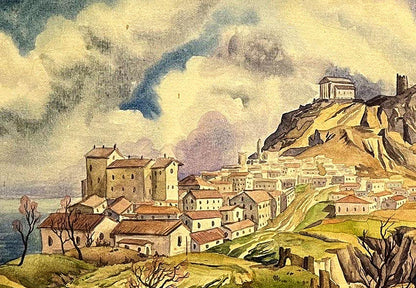 Watercolor painting of Dmytro Startsev city in mountains hillside town