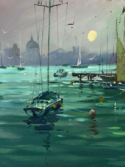 Oil painting of dark blue yellow sailboat at pier by Yuriy Suprunchuk