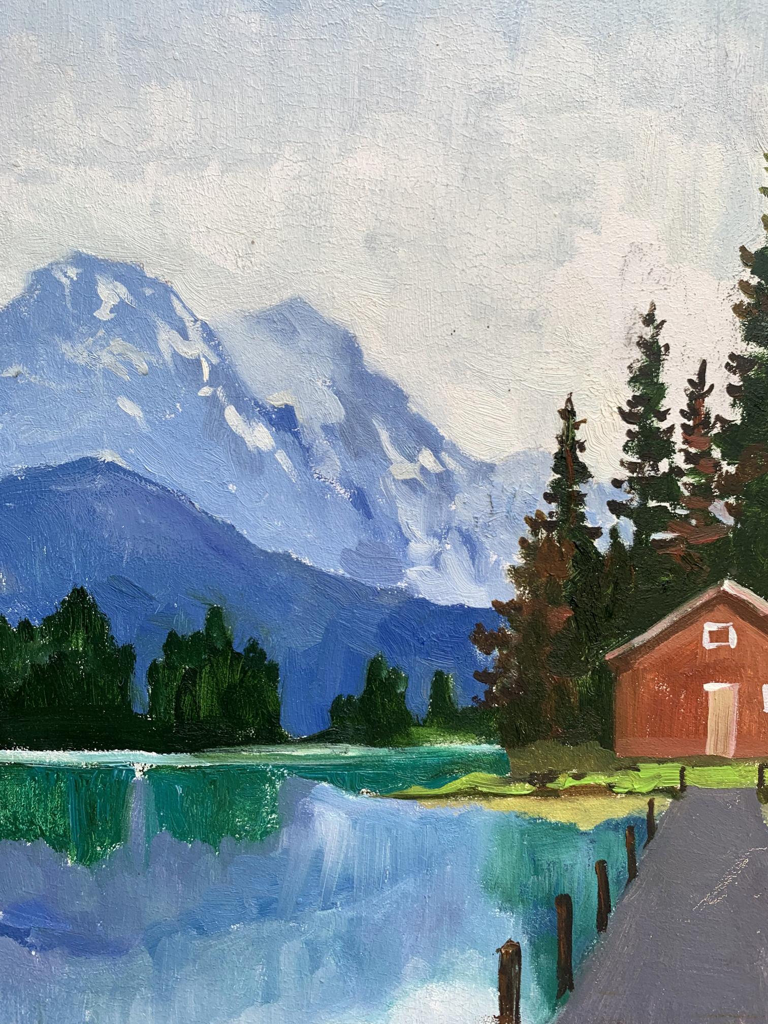 Oil painting by Tatyana Derdey: rustic red cabin by serene lake amid evergreens and mountains