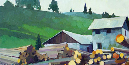 Oil painting Sawmill by Anastasia Yaroshevich: rustic barn in green hills