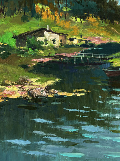 Oil painting River to the village by Yuriy Suprunchuk: rustic white cottage in green hills reflected in calm waters