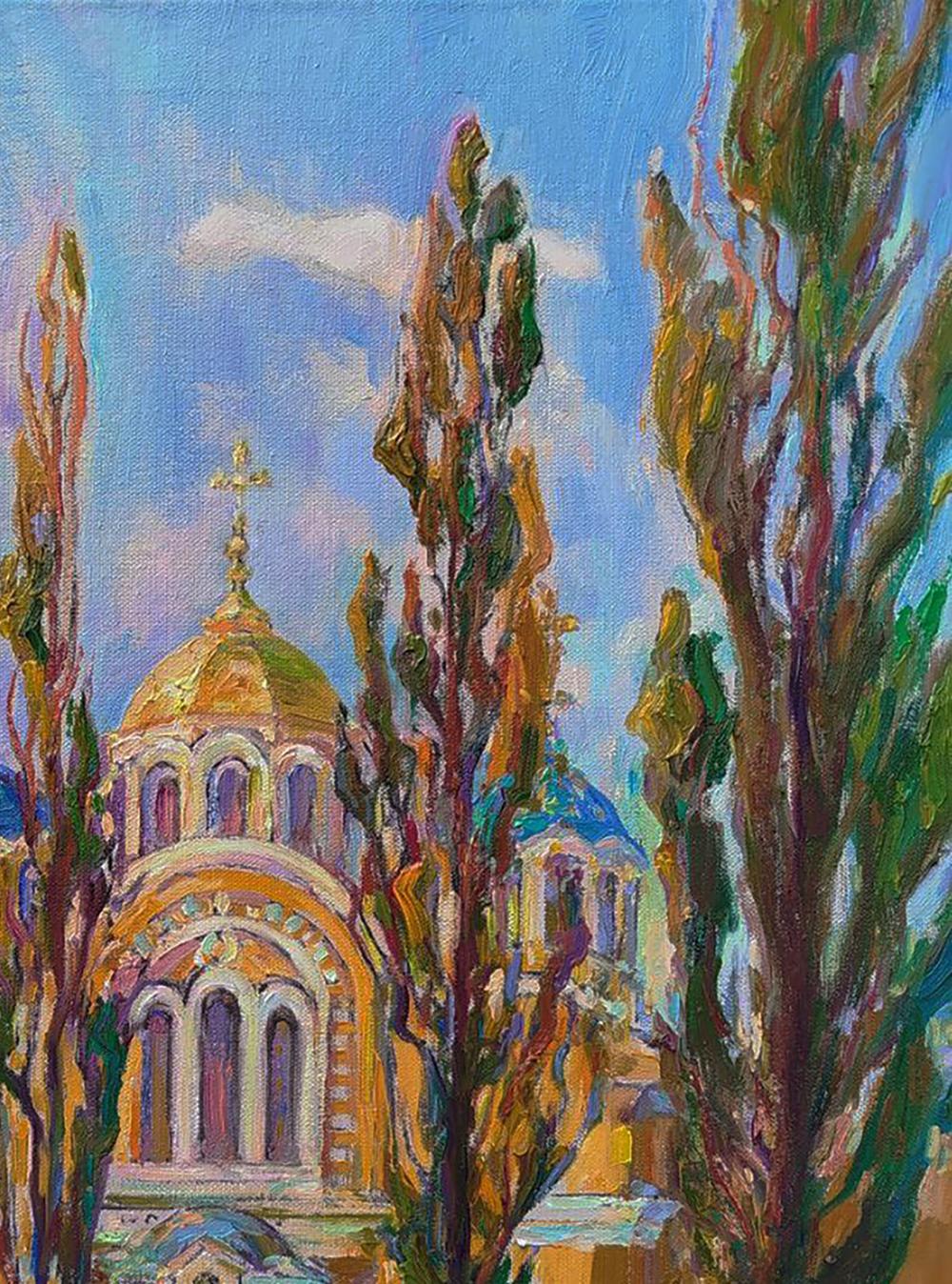 Oil painting of golden-domed Orthodox City Church by Leonid Pavlenko