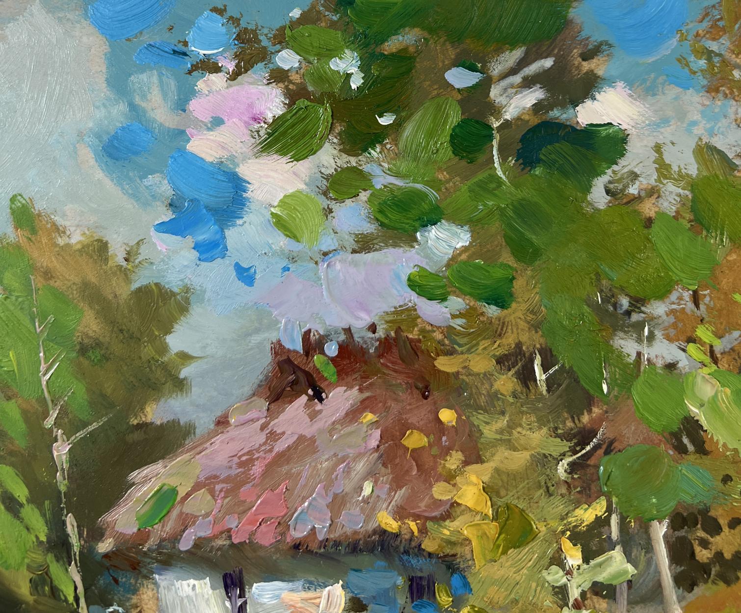 Oil painting by Yuriy Suprunchuk: rustic thatched roof under green canopy