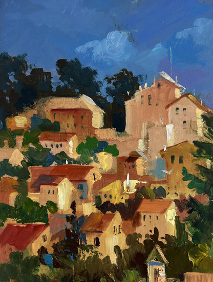Vibrant impressionist oil painting of hillside village by Yuriy Suprunchuk