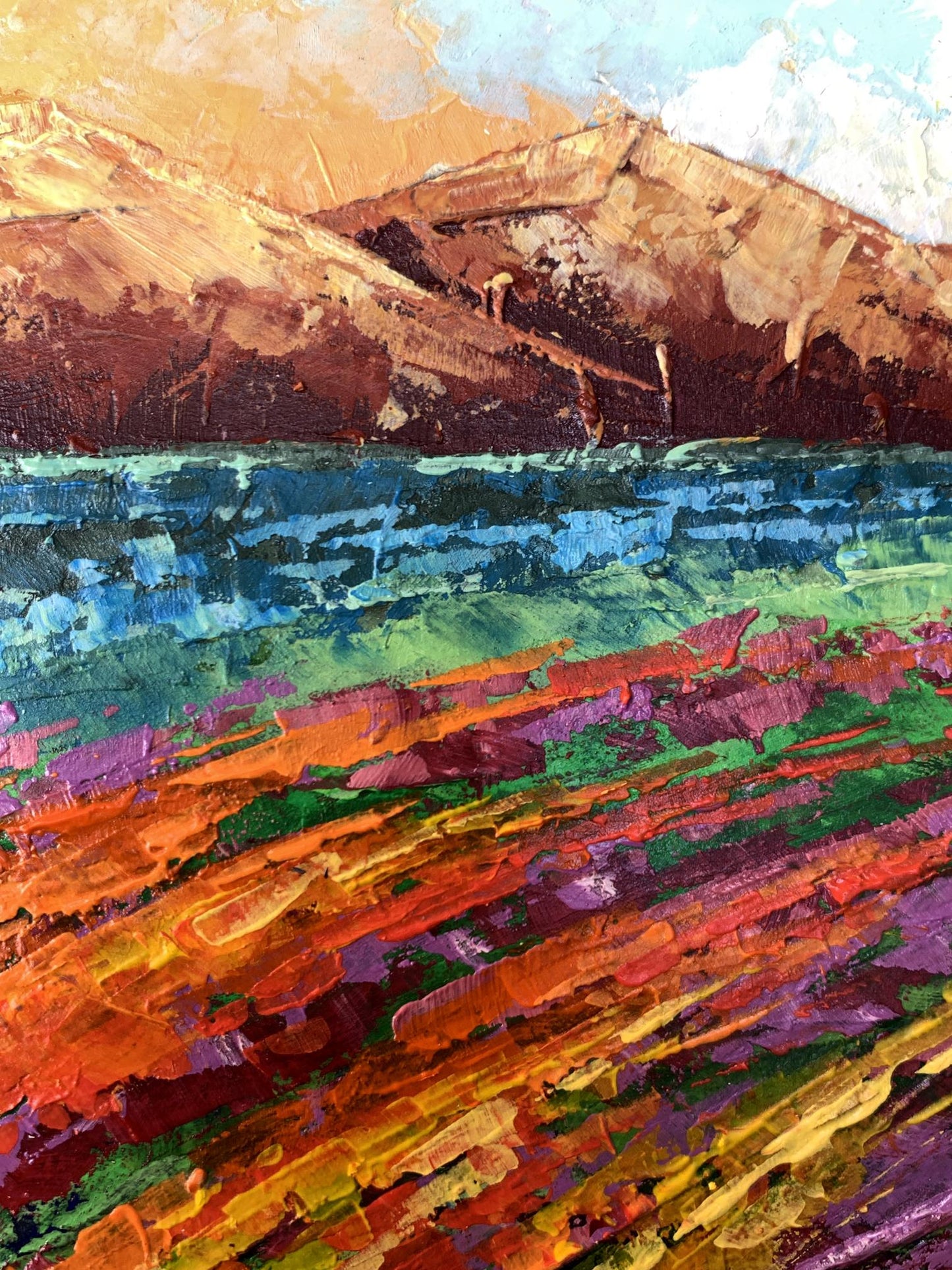 Vibrant impressionist oil painting of brown mountains by V. Zadorozhnya