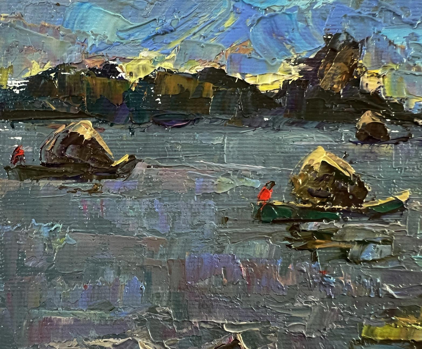 Impasto oil painting Above the Lake by Oleksiy Ivanyuk with red boats