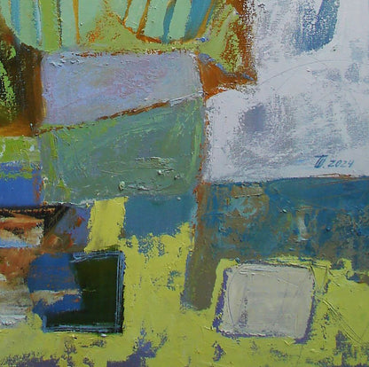 Oil painting Gentle letters by Tatyana Shulyak with bold green blue yellow white blocks