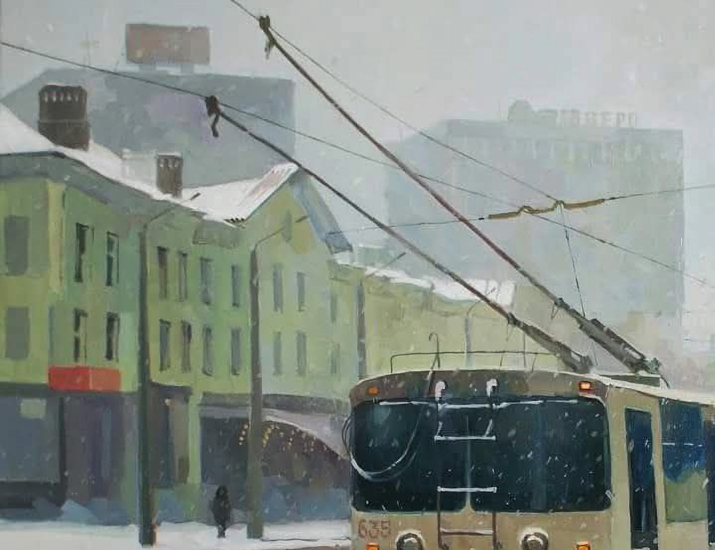 Oil painting of beige city bus 628 by Anastasia Yaroshevich