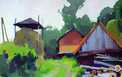 Oil painting Fall has come by Anastasia Yaroshevich: rustic barn with gray orange roof in lush greenery