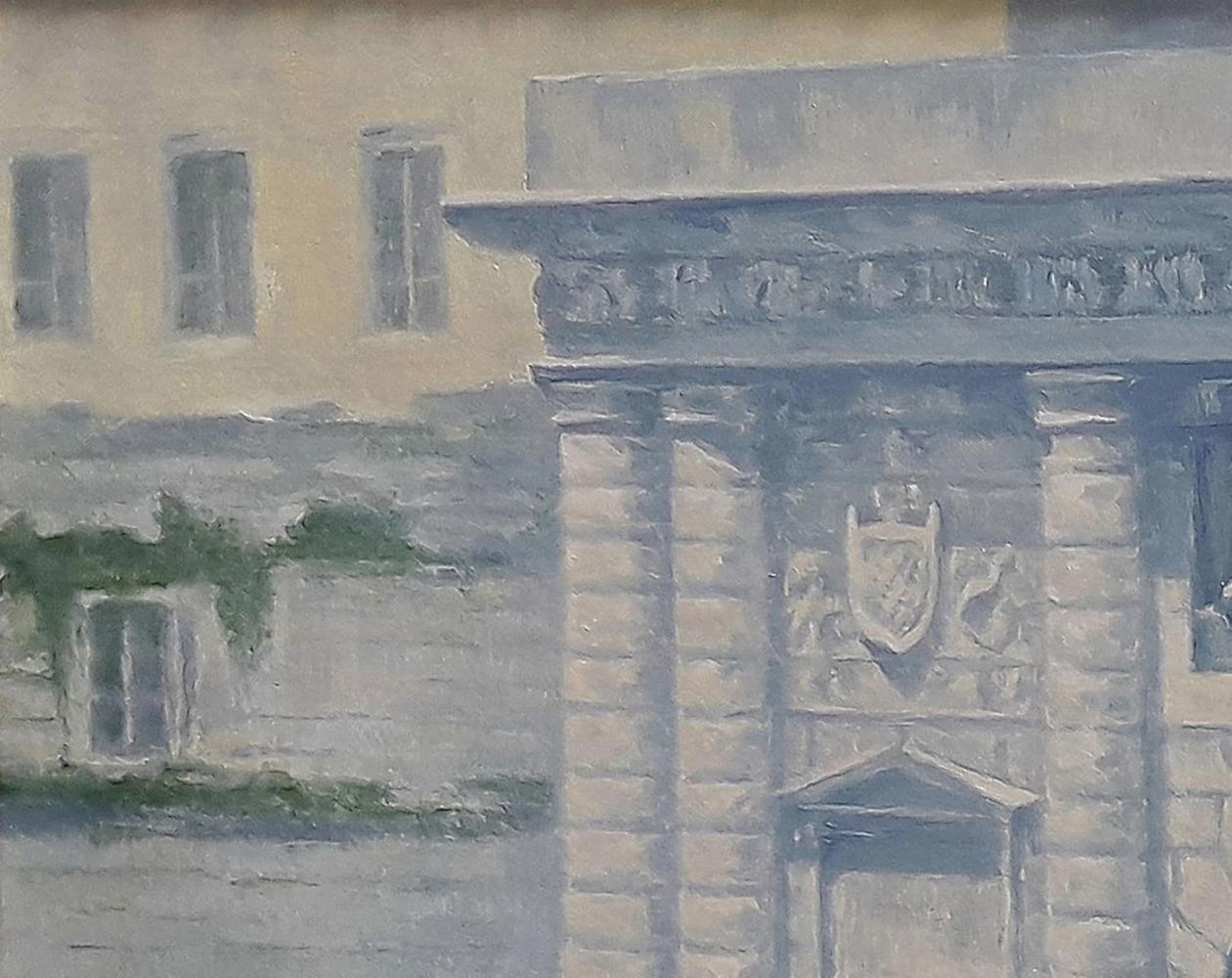 Oil painting Entering the city Vasily Korkishko stone facade with carved shield and columns