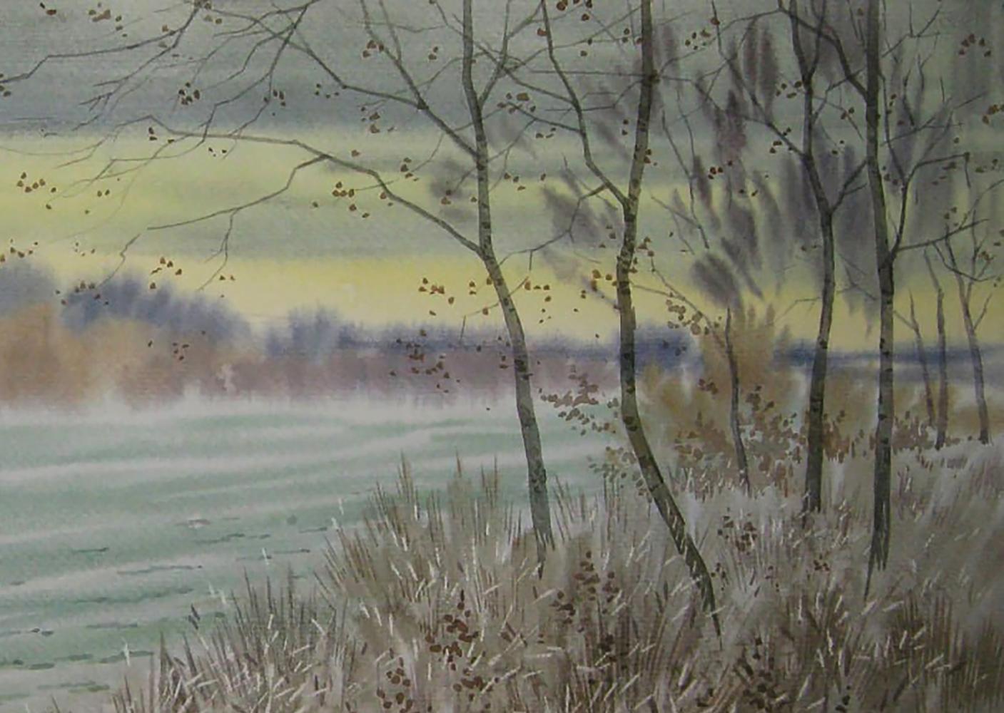 Watercolor painting Autumn mood by the river by Valery Savenets
