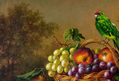 Oil painting He was green by Valeriy Bulat: green parrot on fruit basket