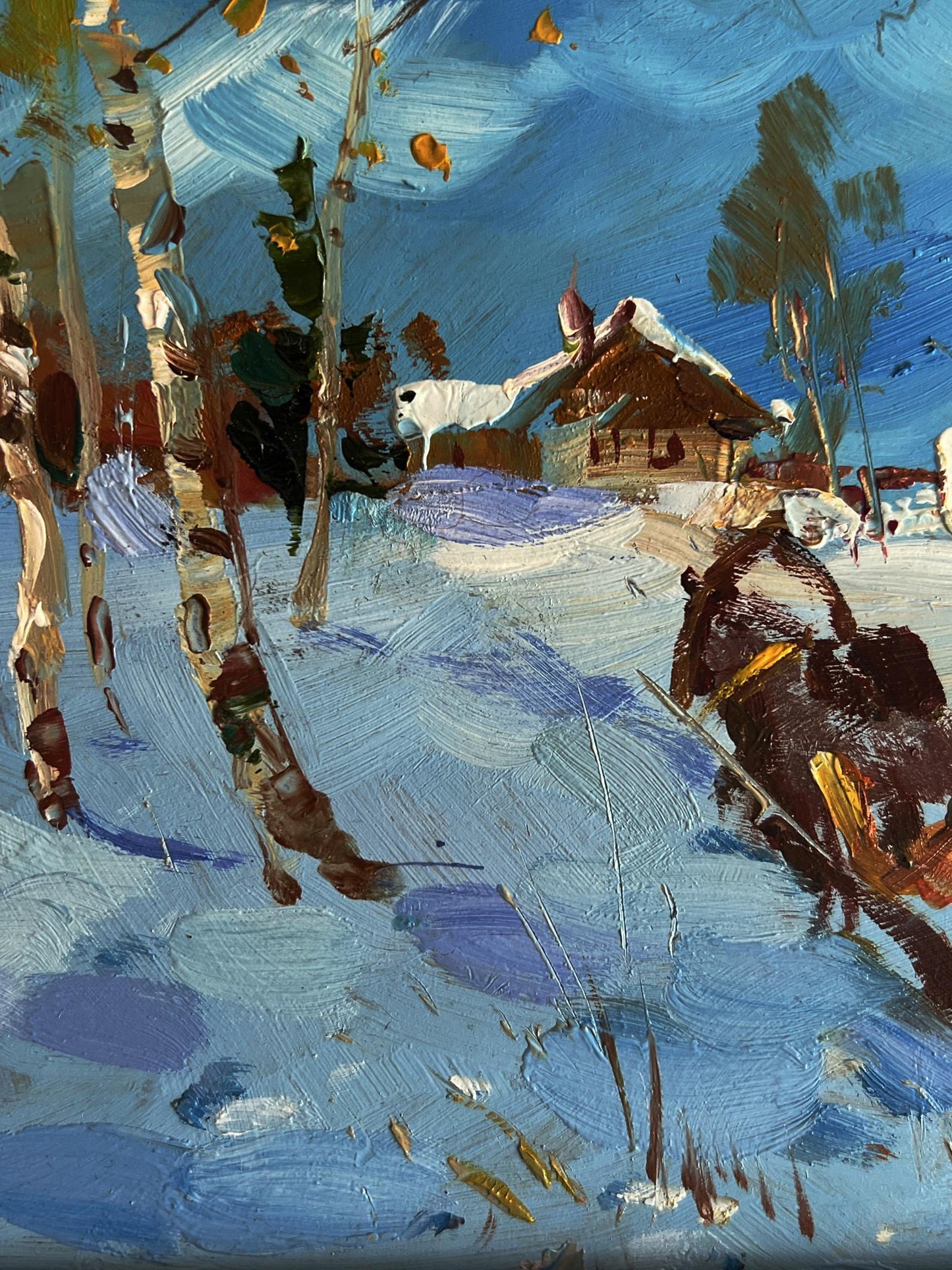 Oil painting of rustic snowy house by Yuriy Suprunchuk