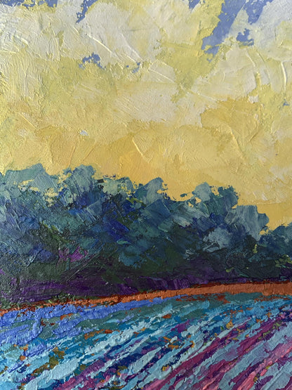 Oil painting Warm days in the fields by V. Zadorozhnya, vibrant yellow sky