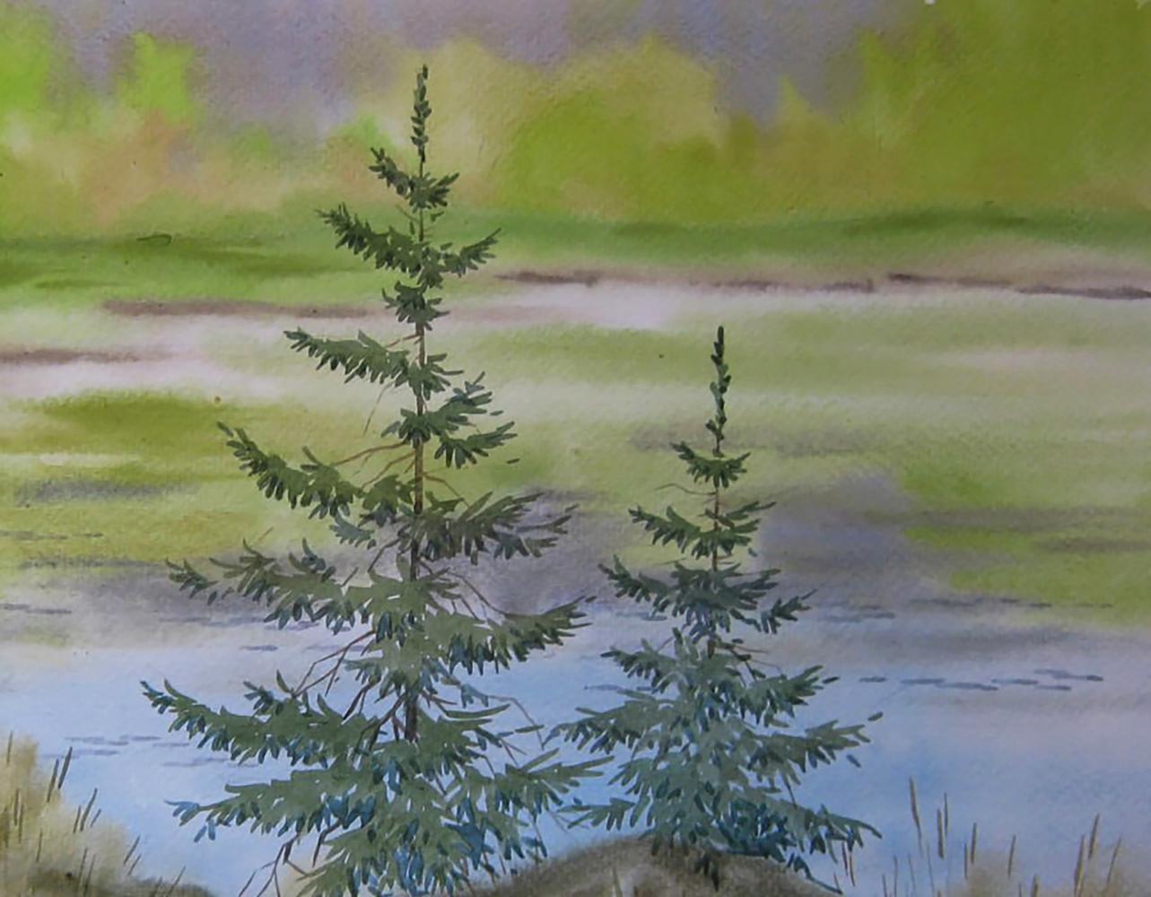 Watercolor painting of green coast river by Valery Savenets