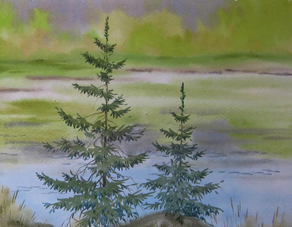 Watercolor painting of green coast river by Valery Savenets