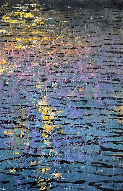 Oil painting Reflection at sea by Juan Angel Gonzalez de la Calle, abstract blue purple yellow textured brushstrokes