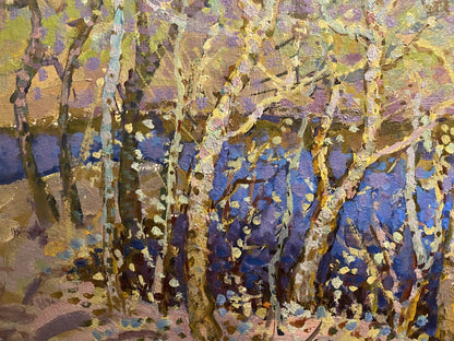 Oil painting April Awakening by Grigoriy Ruban: birch trees in blues