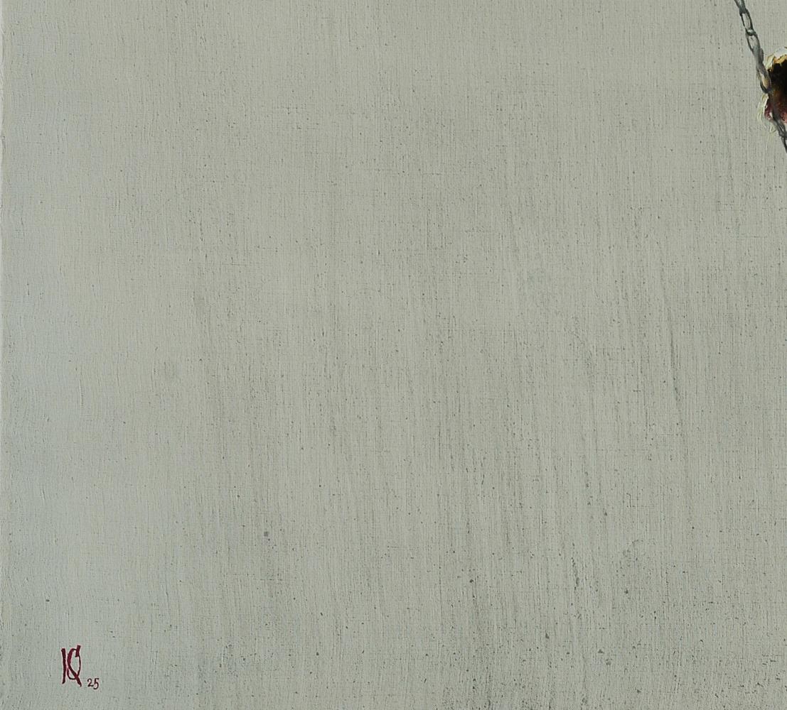 Back of oil painting Modern teenage emotions by Oleg Kateryniuk textured gray wall with chain