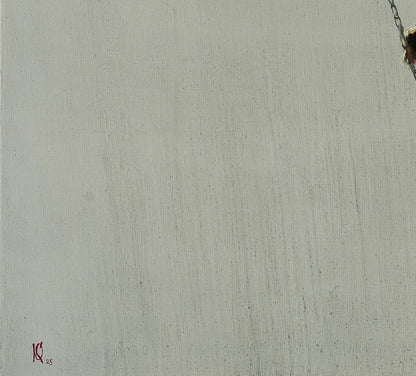 Back of oil painting Modern teenage emotions by Oleg Kateryniuk textured gray wall with chain