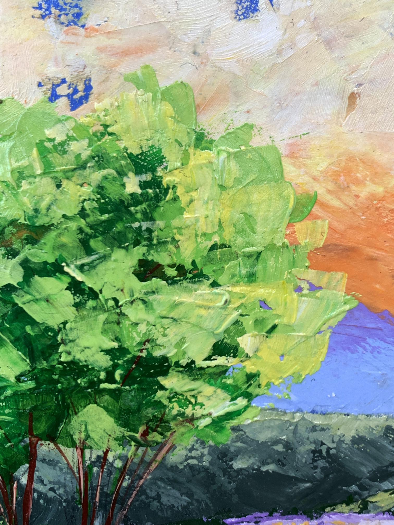 Oil painting Yellow clouds V. Zadorozhnya with vibrant green tree