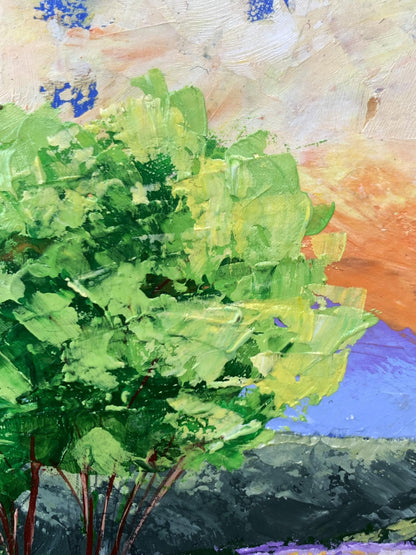 Oil painting Yellow clouds V. Zadorozhnya with vibrant green tree